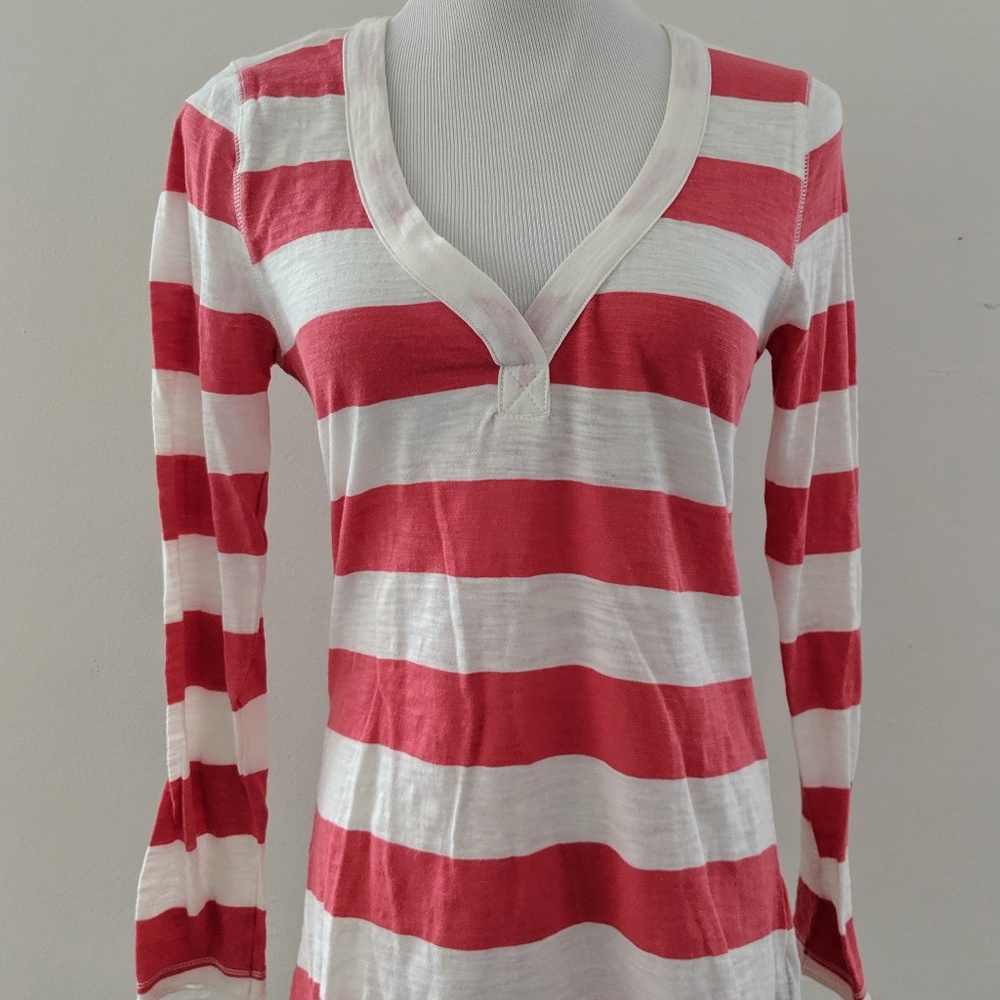 Press Red and White Striped Henley Top